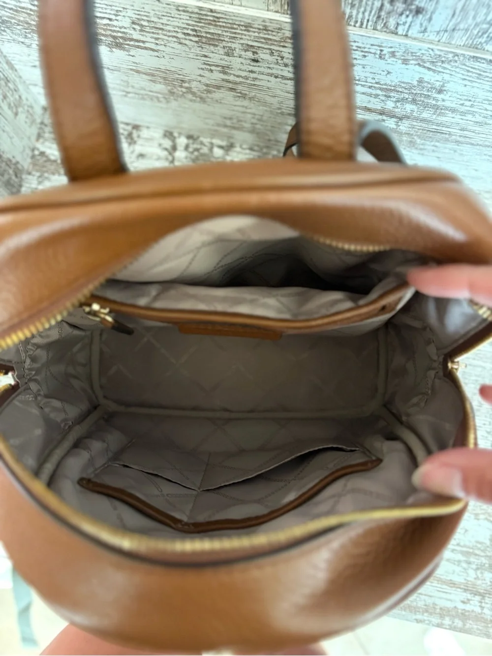 Michael Kors Tan Pebbled Leather Backpack with Gold Logo